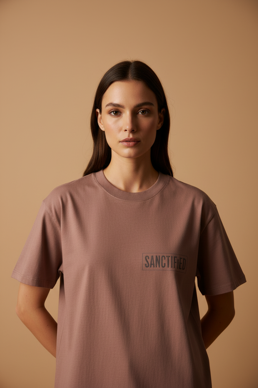 Female model wearing Sanctified Heavy Faded Tee in Faded Pink — editorial style front view, Sanctified theology design, 7.1 oz heavyweight garment-dyed Christian tee by 4HG