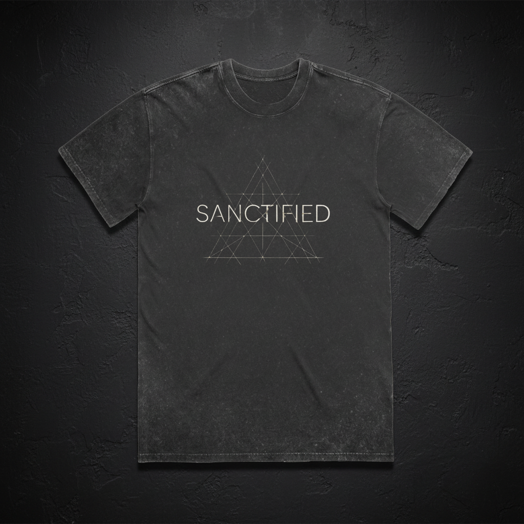 Sanctified Stone Wash Heavy Tee in Black Stone — close-up front view showing Sanctified theology graphic and vintage acid wash texture, 6.5 oz heavyweight Christian tee by 4HG