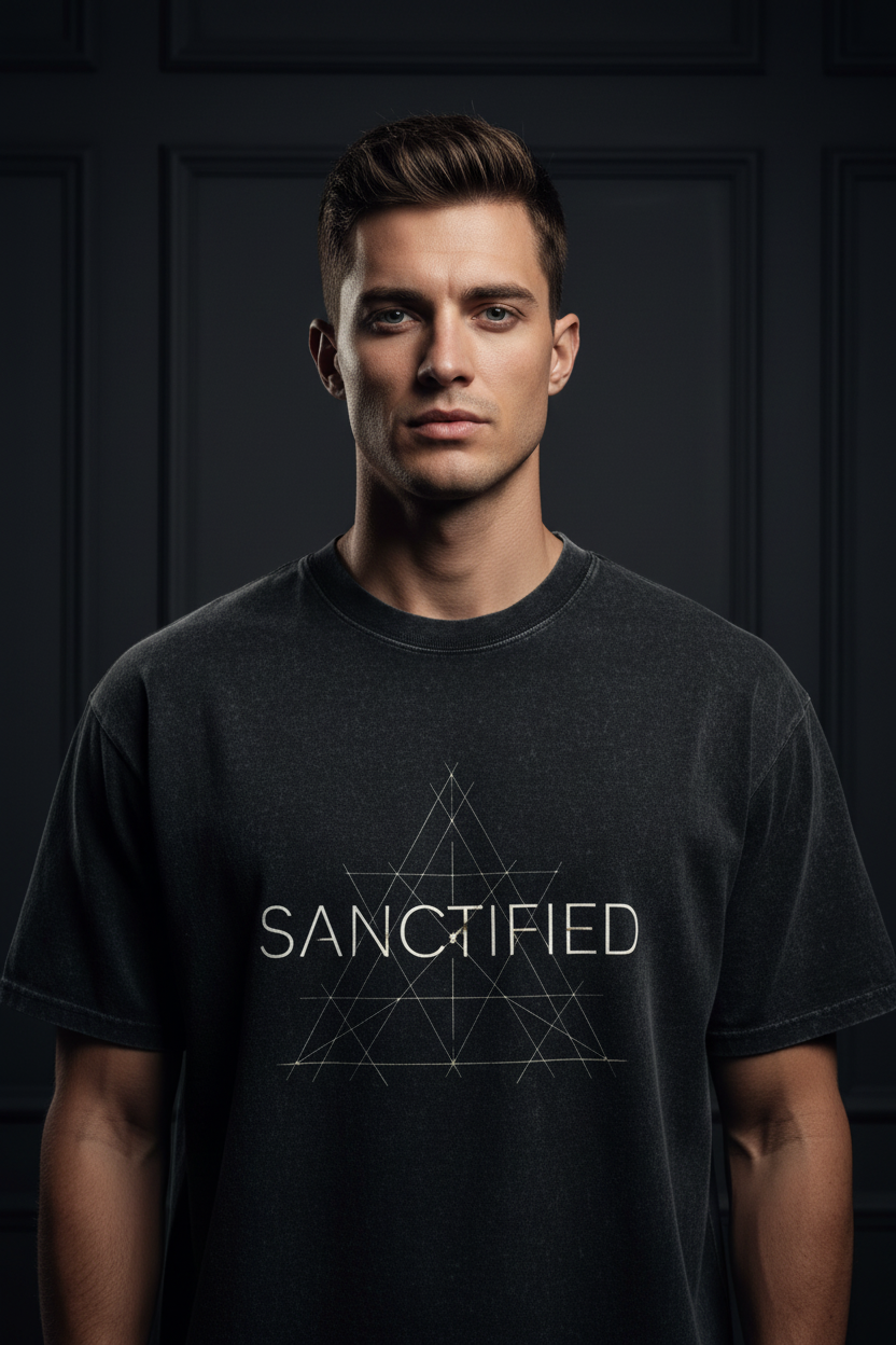Male model wearing Sanctified Stone Wash Heavy Tee in Black Stone — cinematic editorial front view, Sanctified theology design, 6.5 oz oversized boxy fit stone wash Christian tee by 4HG