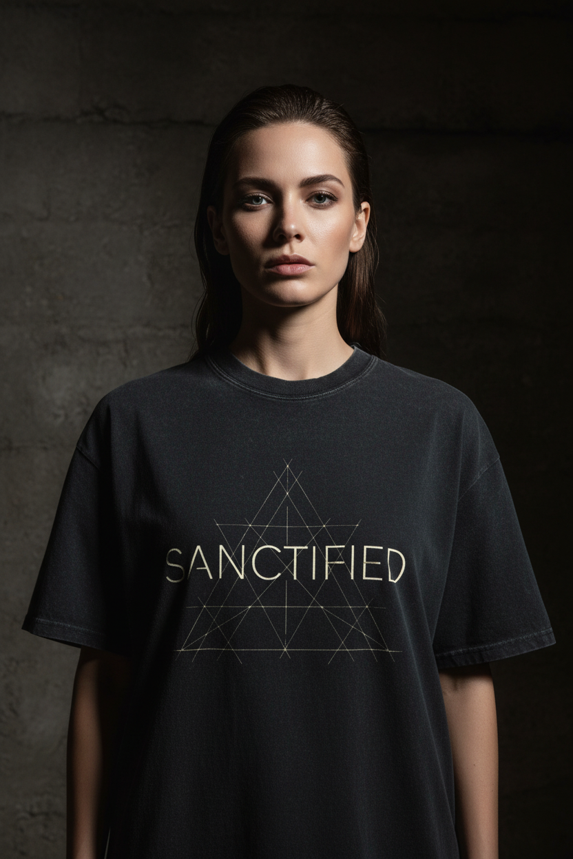 Female model wearing Sanctified Stone Wash Heavy Tee in Black Stone — cinematic editorial front view, Sanctified theology design, 6.5 oz oversized boxy fit stone wash Christian tee by 4HG