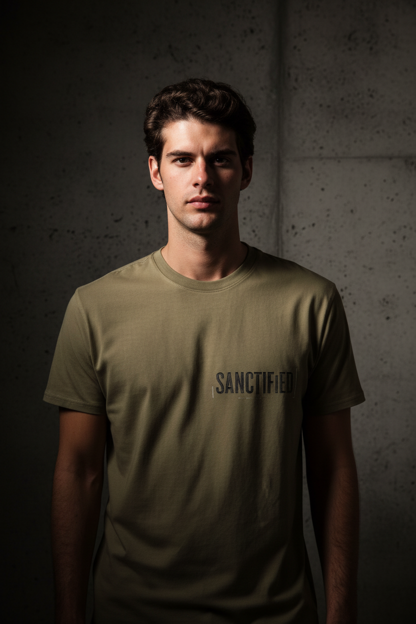 Male model wearing Sanctified Heavy Faded Tee in Faded Khaki — editorial style front view, Sanctified theology design, 7.1 oz heavyweight garment-dyed Christian tee by 4HG