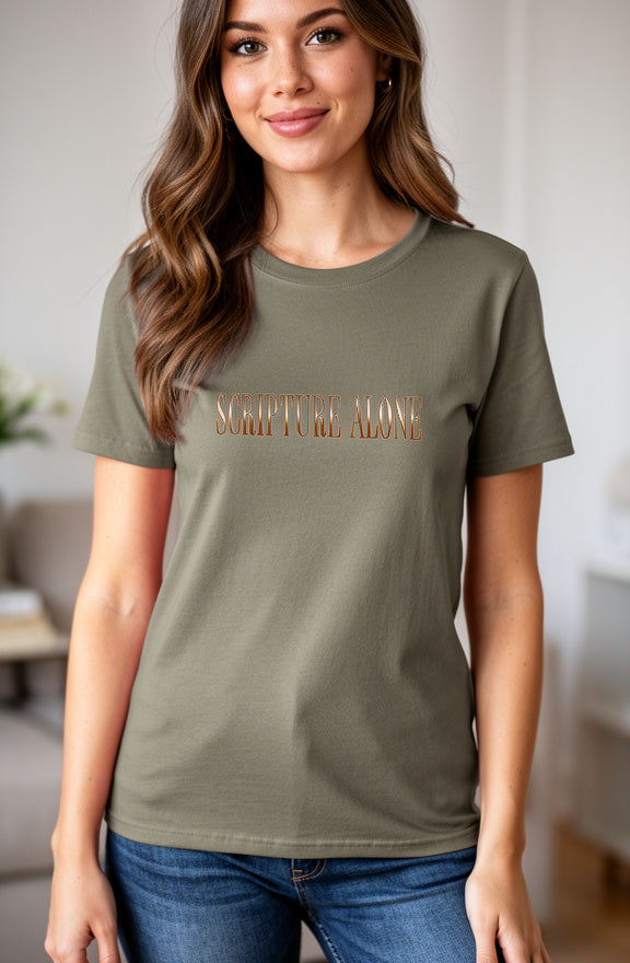 Woman wearing an olive green t-shirt with 'SCRIPTURE ALONE' text in a home setting