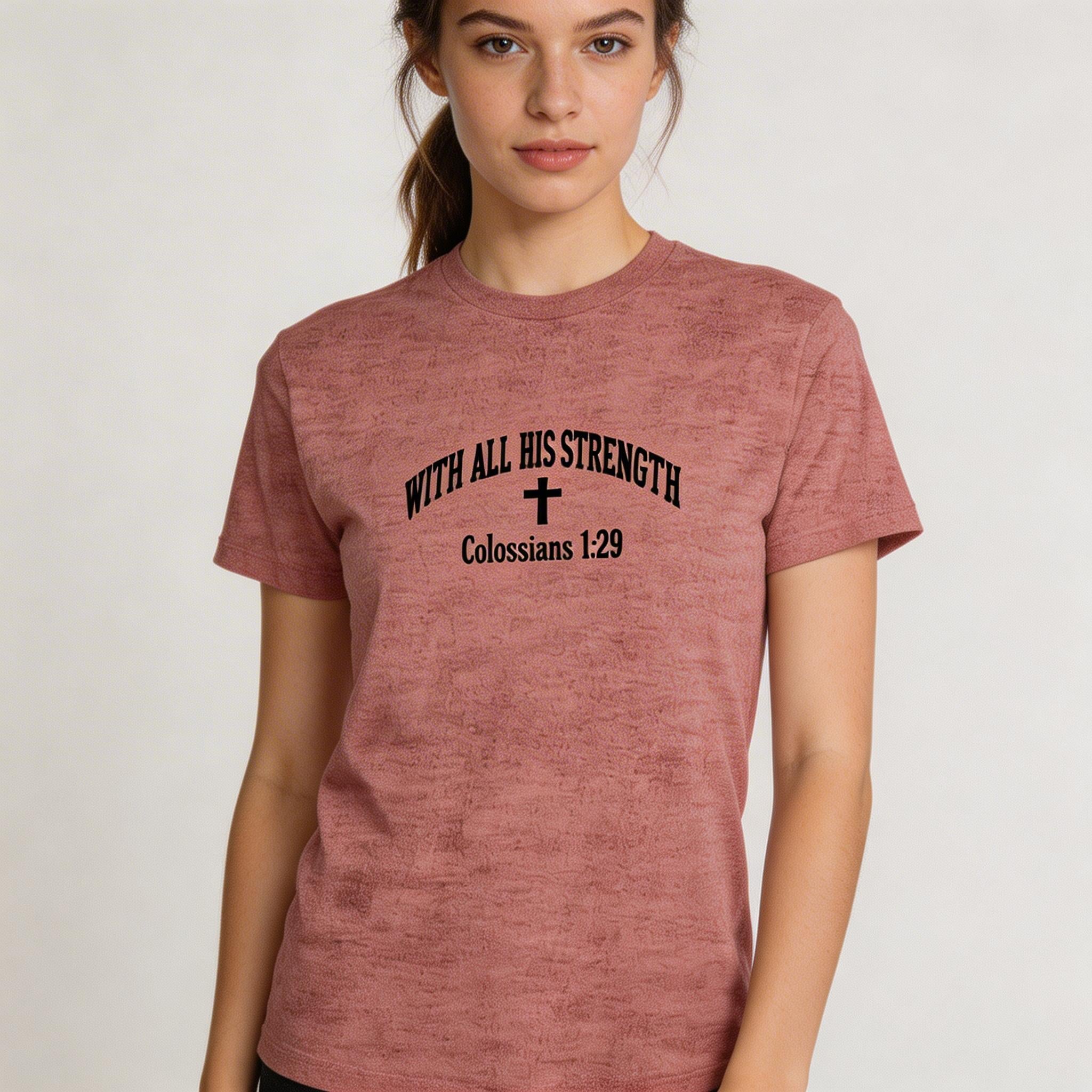 Female model wearing With All His Strength Faith Graphic Tee in Heather Red — editorial style, Philippians 4:13 scripture design, Christian apparel by 4HG