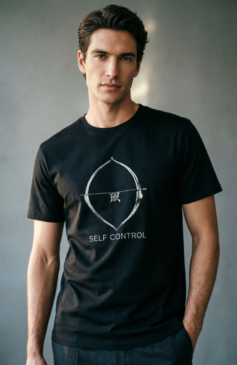 Man wearing a black t-shirt with a design and text on a gray background