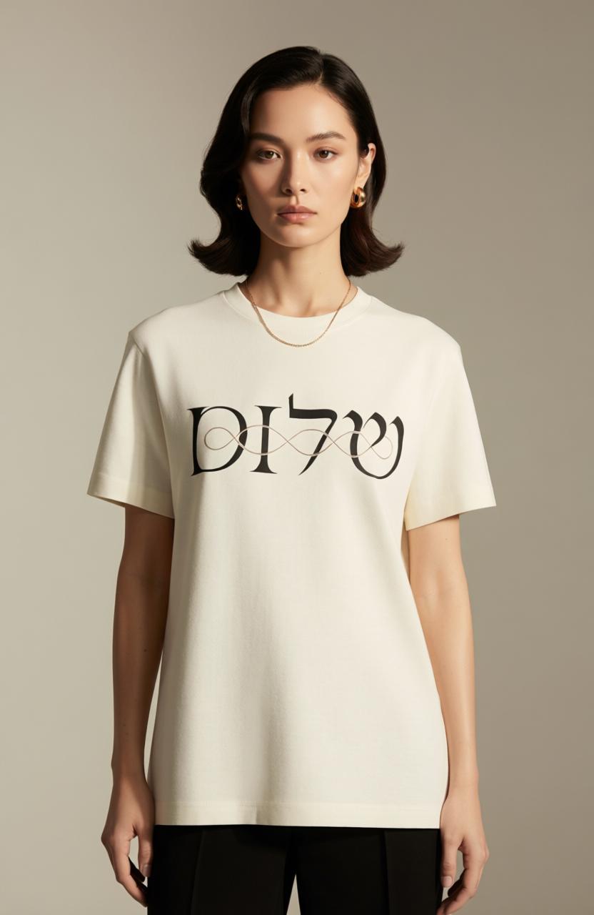 Woman wearing a white t-shirt with black text on a beige background