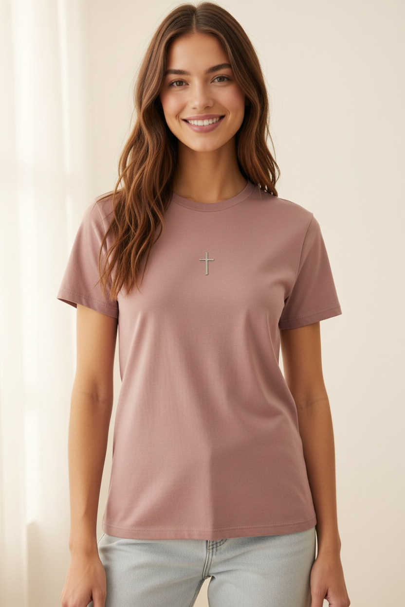 Silver Cross Tee (Dusty Mauve) — Luxury Cinematic Female Editorial