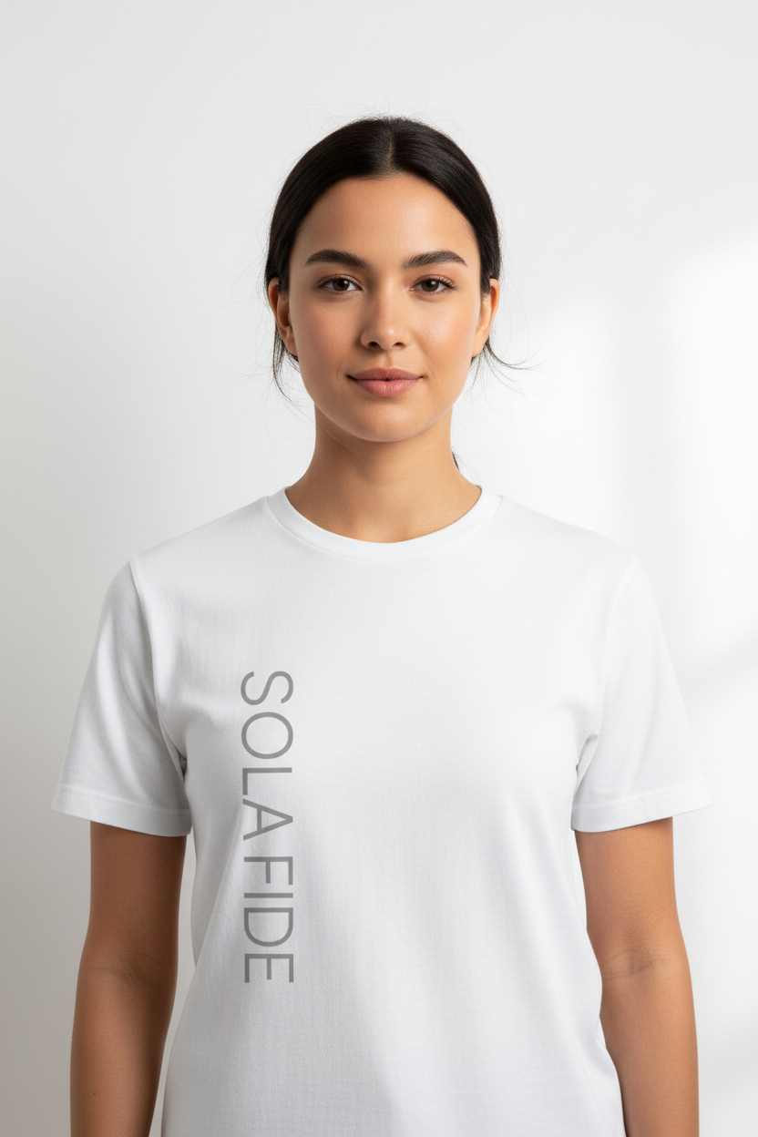Female model wearing Sola Fide Vertical Logo Tee in White — editorial style front view, Faith Alone Reformation design, Christian tee by 4HG