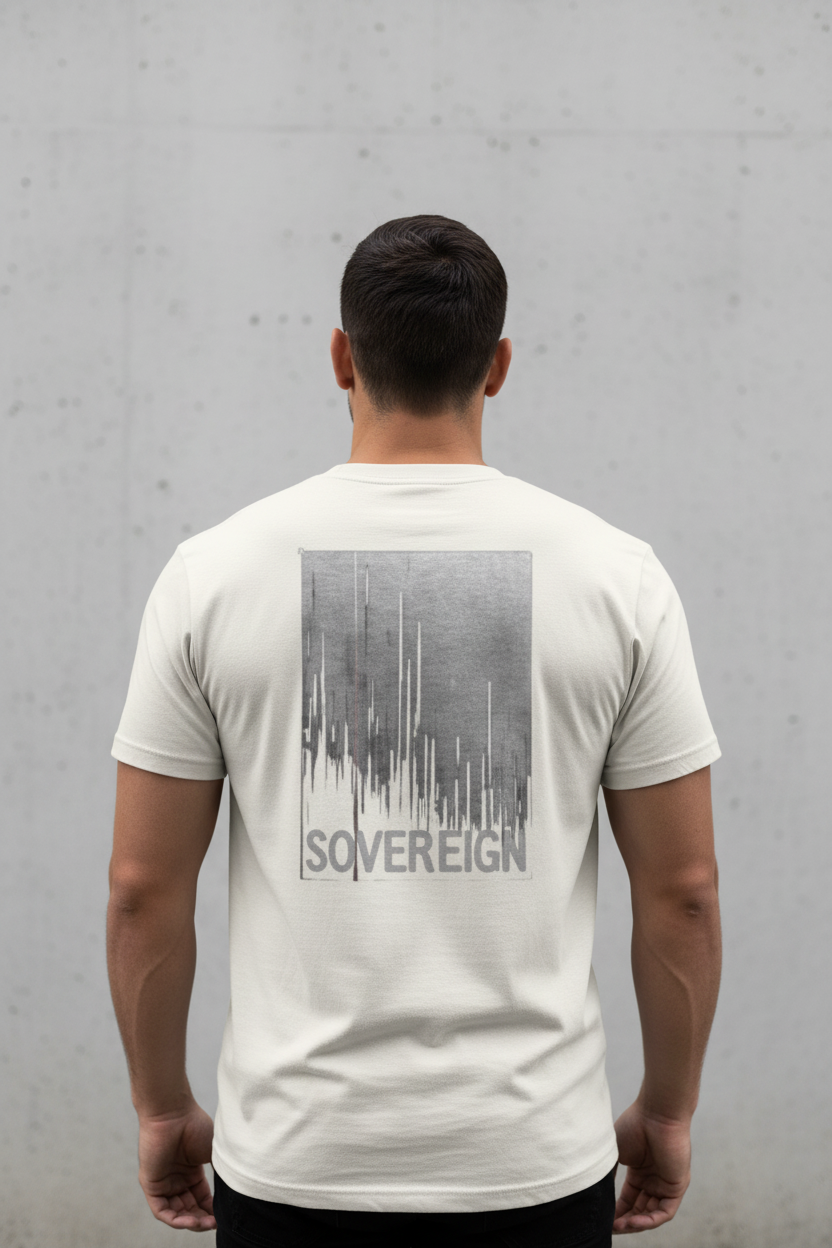 Male model wearing Sovereign Supima Tee in Natural — editorial style back view showing Isaiah 46:10 sovereignty design, premium Christian tee by 4HG