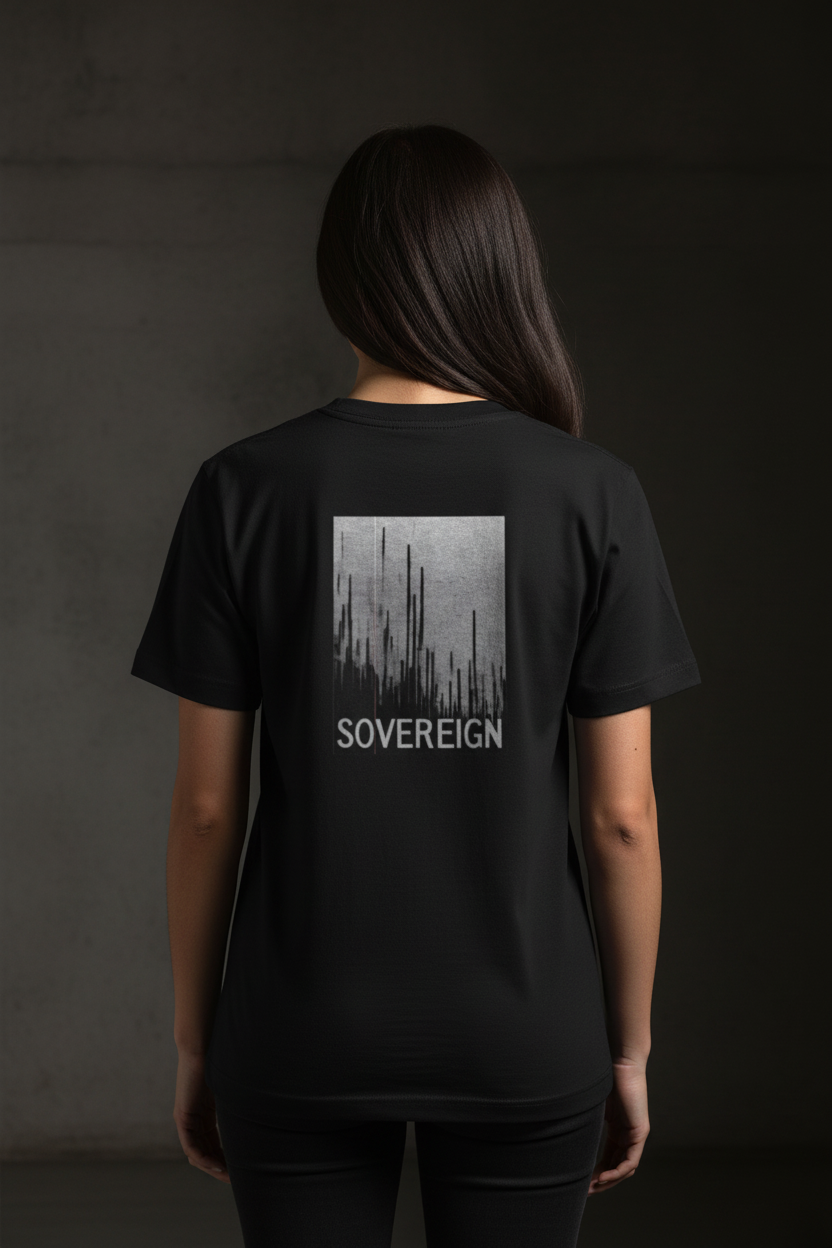 Female model wearing Sovereign Supima Tee in Black — editorial style back view showing Isaiah 46:10 sovereignty design, premium Christian tee by 4HG