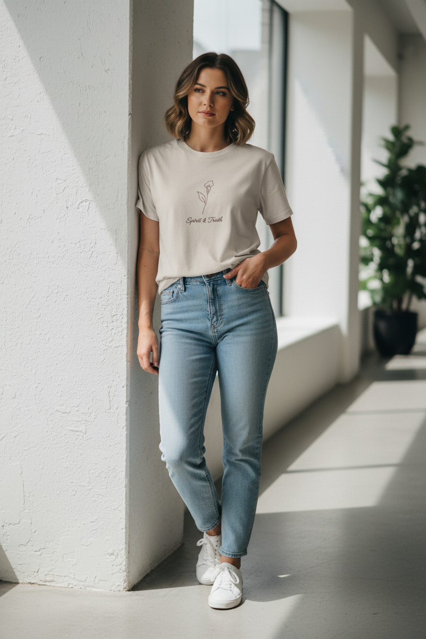 A woman stands in a bright, modern indoor hallway wearing a light beige graphic t-shirt, light-wash blue jeans, and white sneakers.