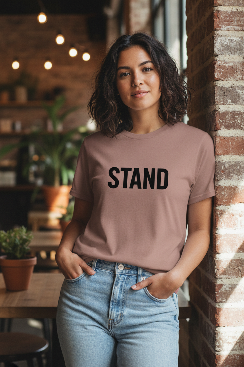 Woman wearing a t-shirt with 'STAND' text in a casual setting.