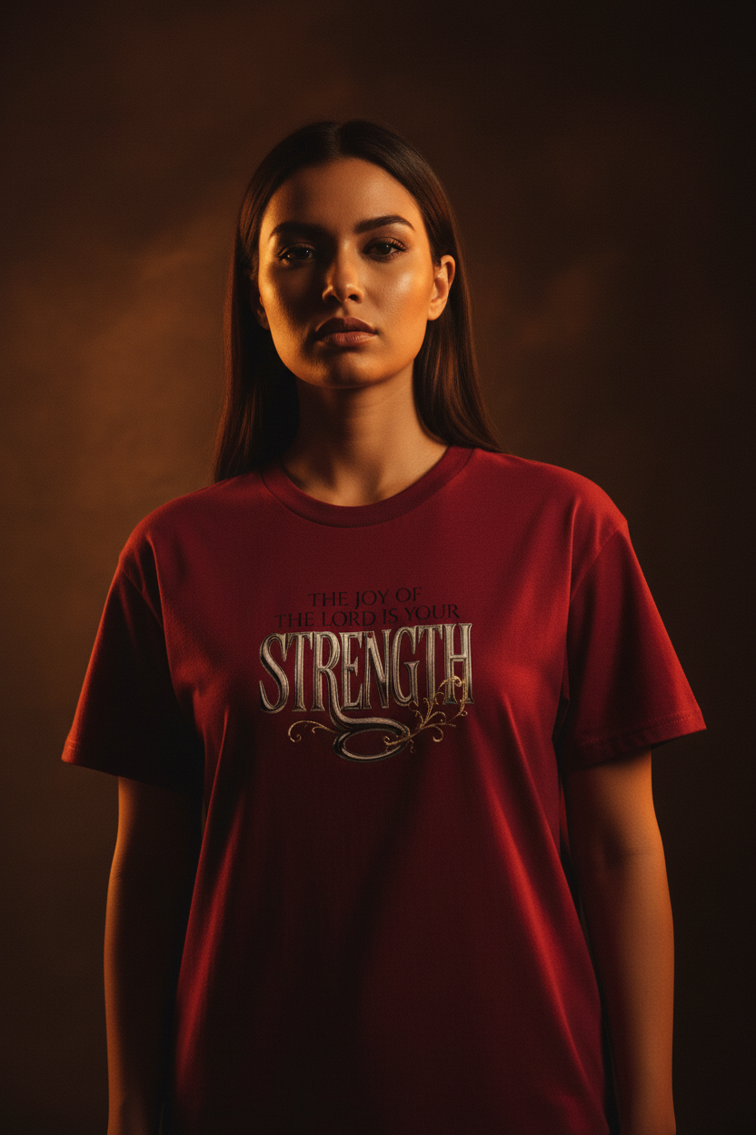 The Joy of The Lord Is Your Strength Tee (Crimson) — Smaller Graphic