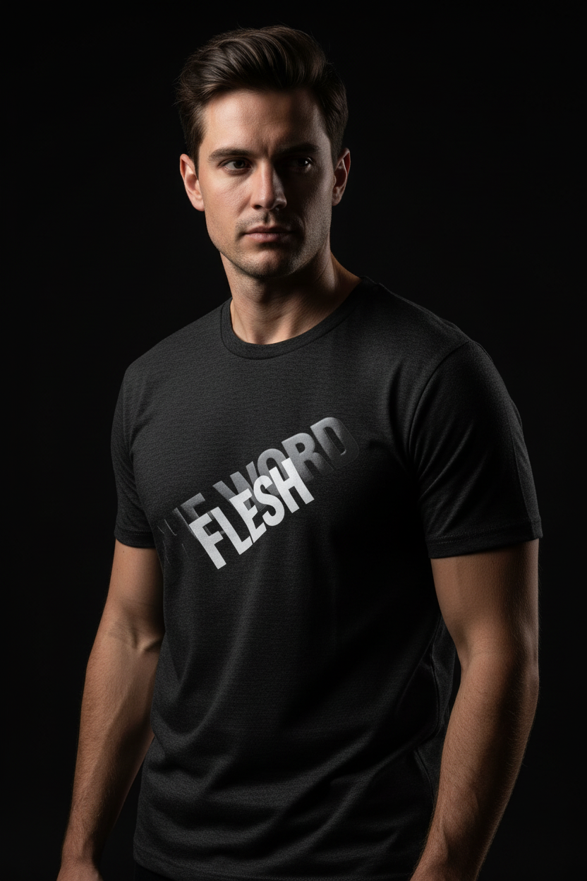 Male model wearing The Word Became Flesh Tee in Tri-Blend Vintage Black — editorial style front view, John 1:14 Incarnation design, Christian apparel by 4HG