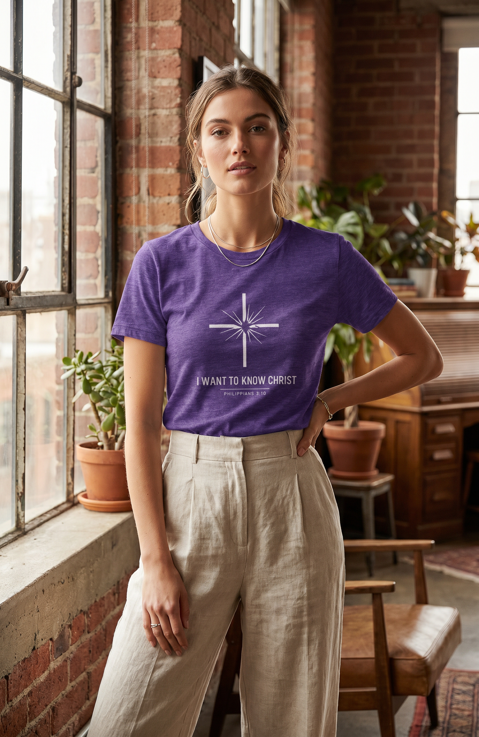 A woman wearing a purple short-sleeve t-shirt with a white cross graphic and the text 'I WANT TO KNOW CHRIST' printed on the front, paired with light beige high-waisted trousers, standing in a rustic room with brick walls and potted plants.