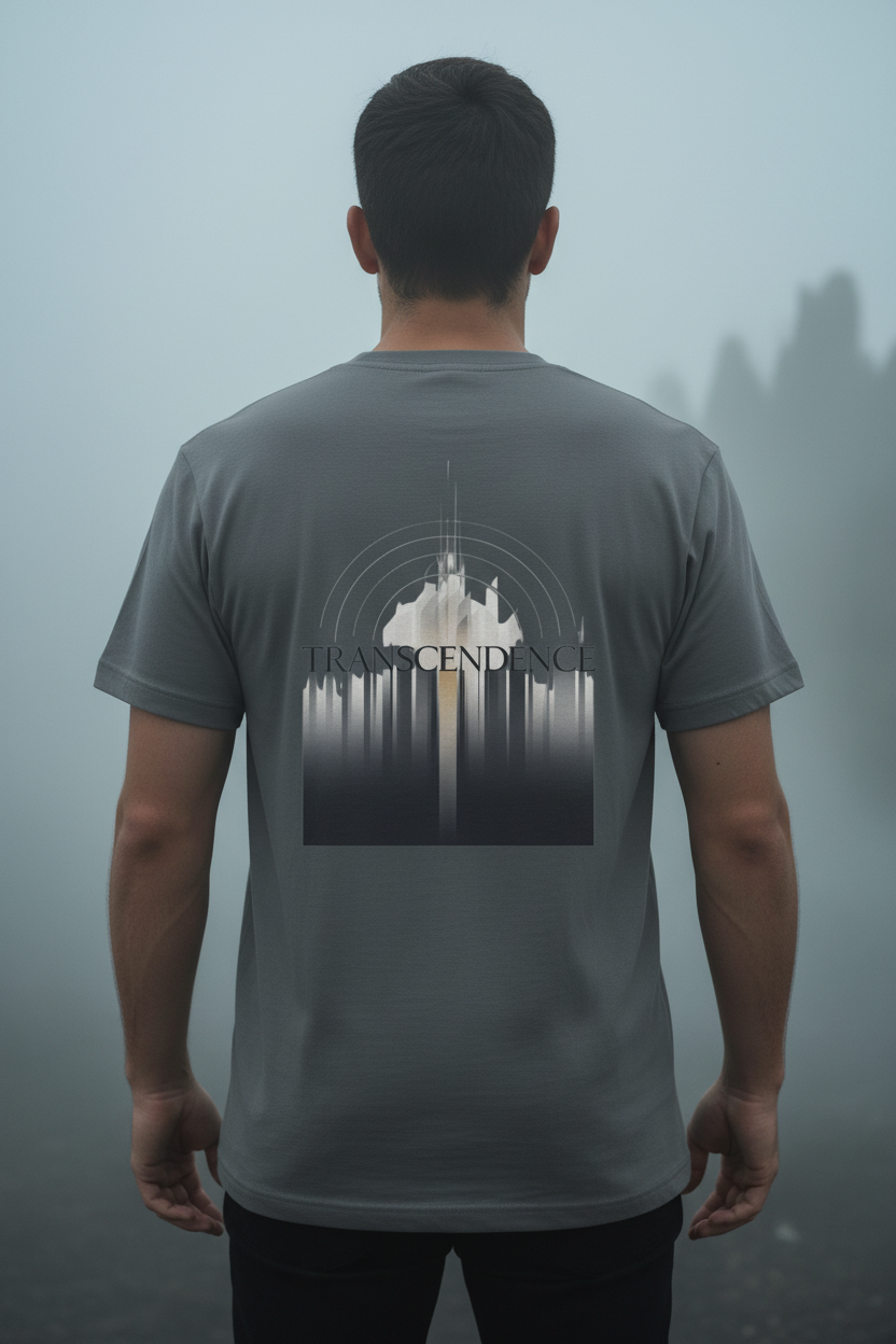 Male model wearing Transcendence Supima Tee in Baltic — editorial style back view showing Isaiah 55:8-9 theology design, premium Christian tee by 4HG