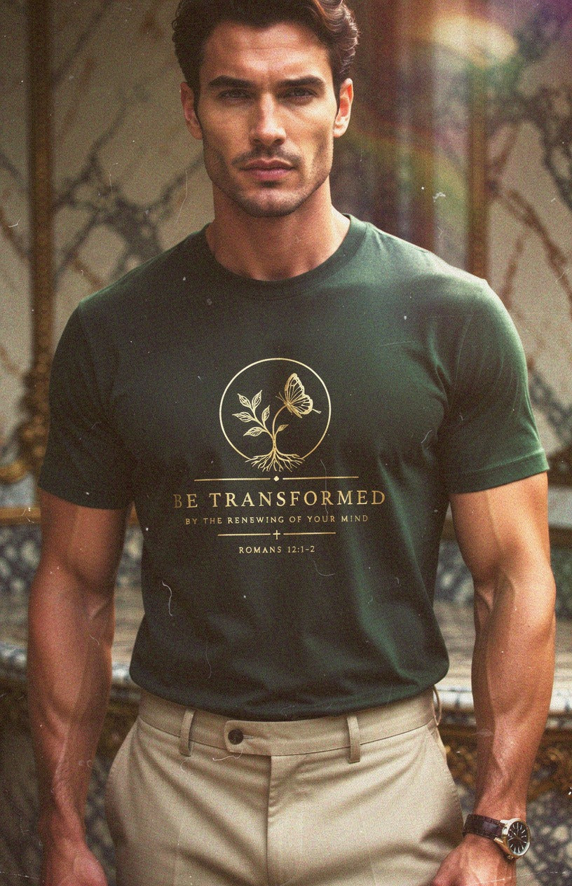 Man in green shirt with image and Be Transformed on front.