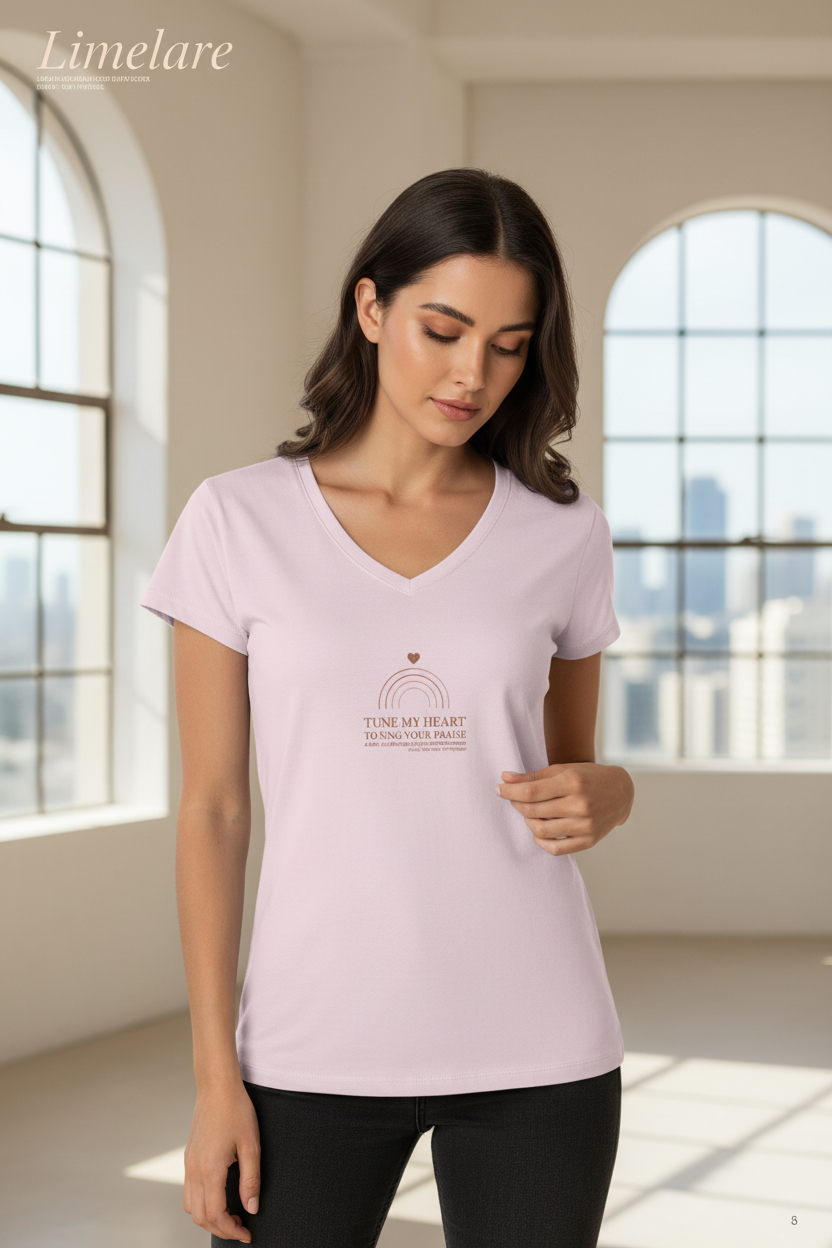 A woman wearing a light pink V-neck t-shirt with a 'TUNE MY HEART' graphic on the chest, standing in a bright room with large arched windows. The brand name 'Limelare' is visible in the top left corner.
