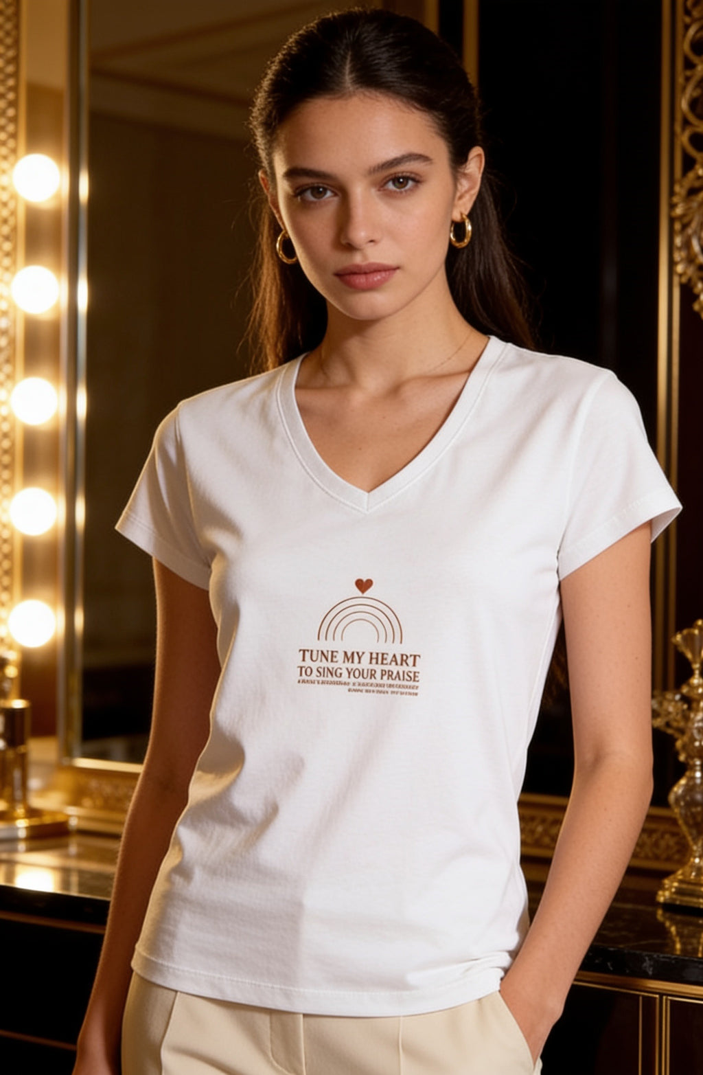 A woman wearing a white V-neck t-shirt with a brown graphic print that reads 'TUNE MY HEART TO ONE YOUR PRAISE' with a small rainbow and heart. She is standing in a luxurious room with gold-framed mirrors and warm light bulbs.