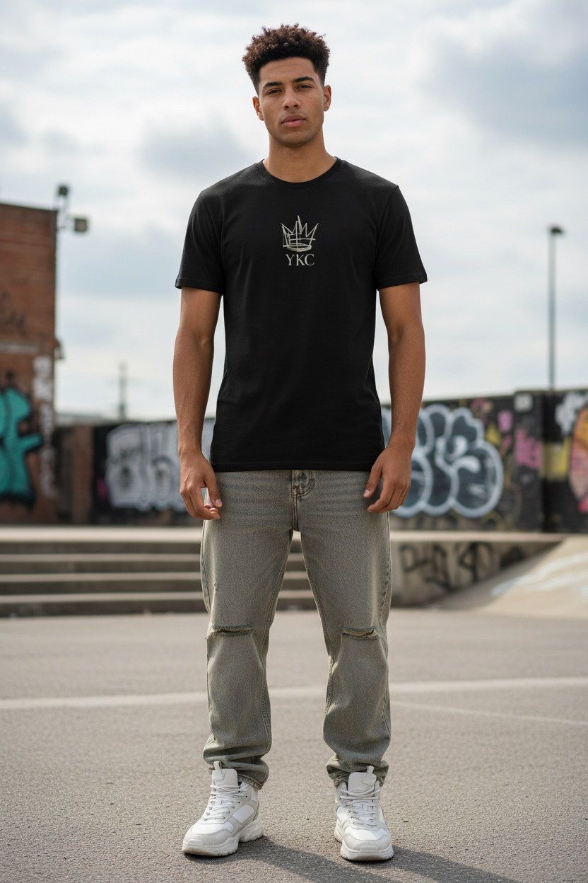 A man wearing a black crewneck t-shirt with a white graphic logo on the chest, paired with distressed gray jeans and white sneakers, standing in an outdoor urban setting with graffiti walls in the background.