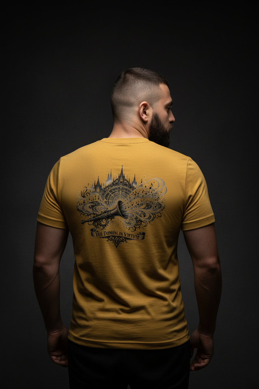 Vox Domini in Virtute Tee (Mustard) — Close-Up Back Graphic GQ Editorial