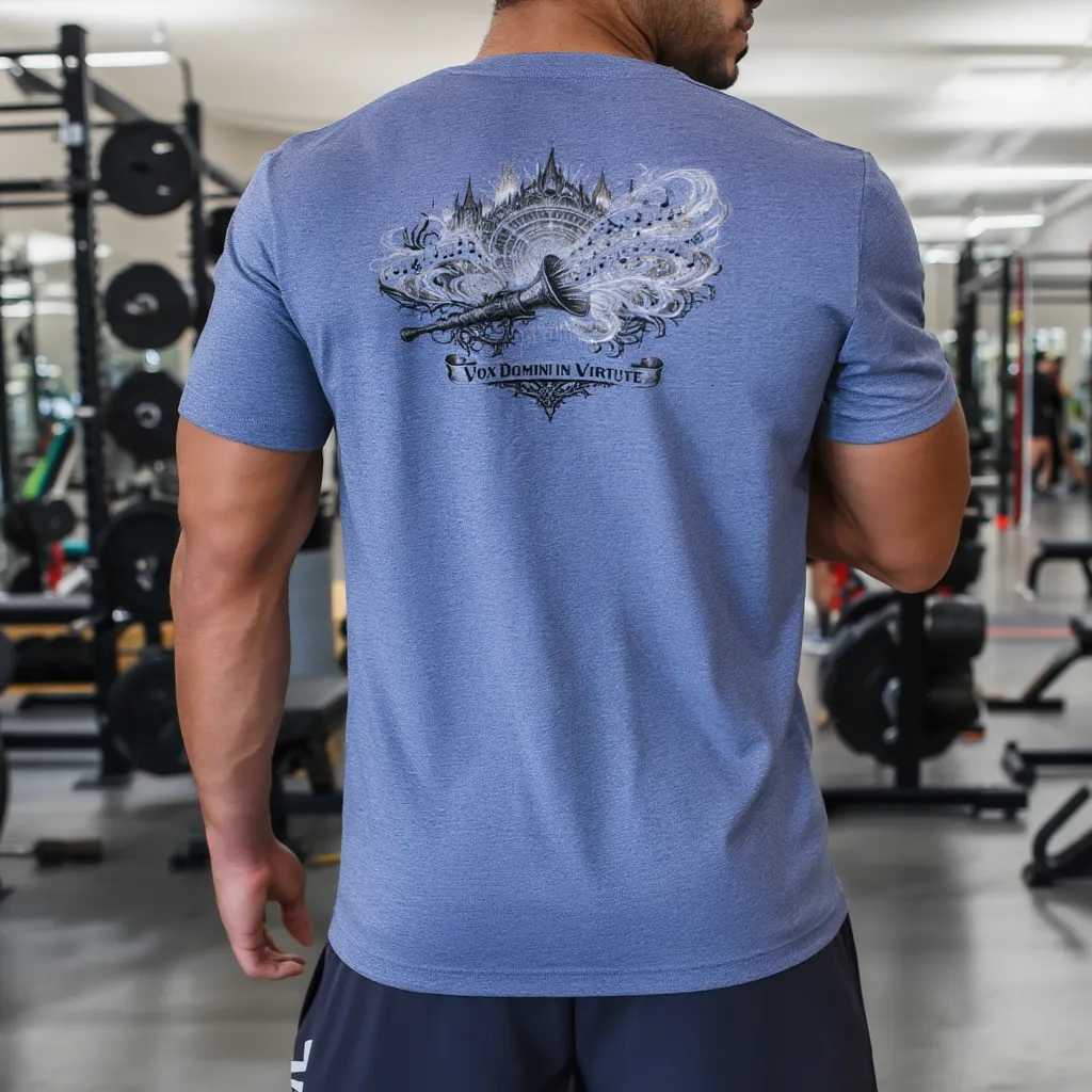 Person wearing a blue t-shirt with VOX DIVINI IN VIRTUTE on the back in a gym setting