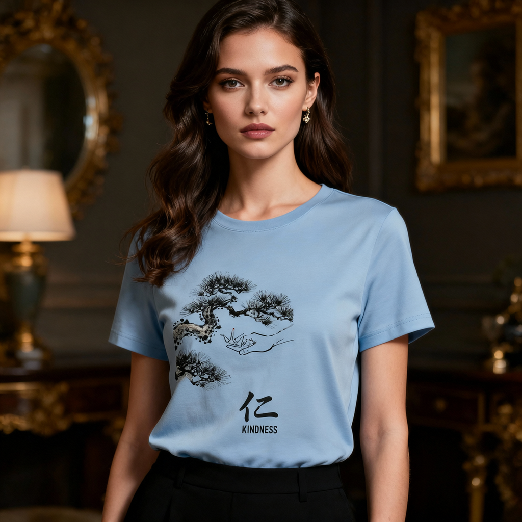 Woman wearing a light blue t-shirt with a tree design and the word 'Kindness' in a room with decorative elements.