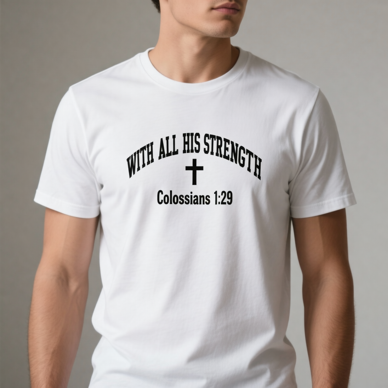 Male model wearing With All His Strength Faith Graphic Tee in White — editorial style, Philippians 4:13 scripture design, Christian apparel by 4HG