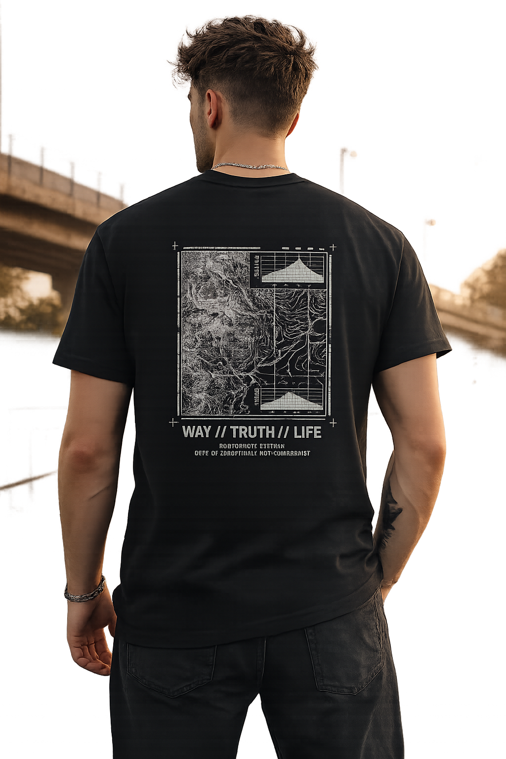 A man viewed from behind wearing a black t-shirt with a large white map graphic and the text 'WAY // TRUTH // LIFE' on the back, standing outdoors near a body of water and a bridge.
