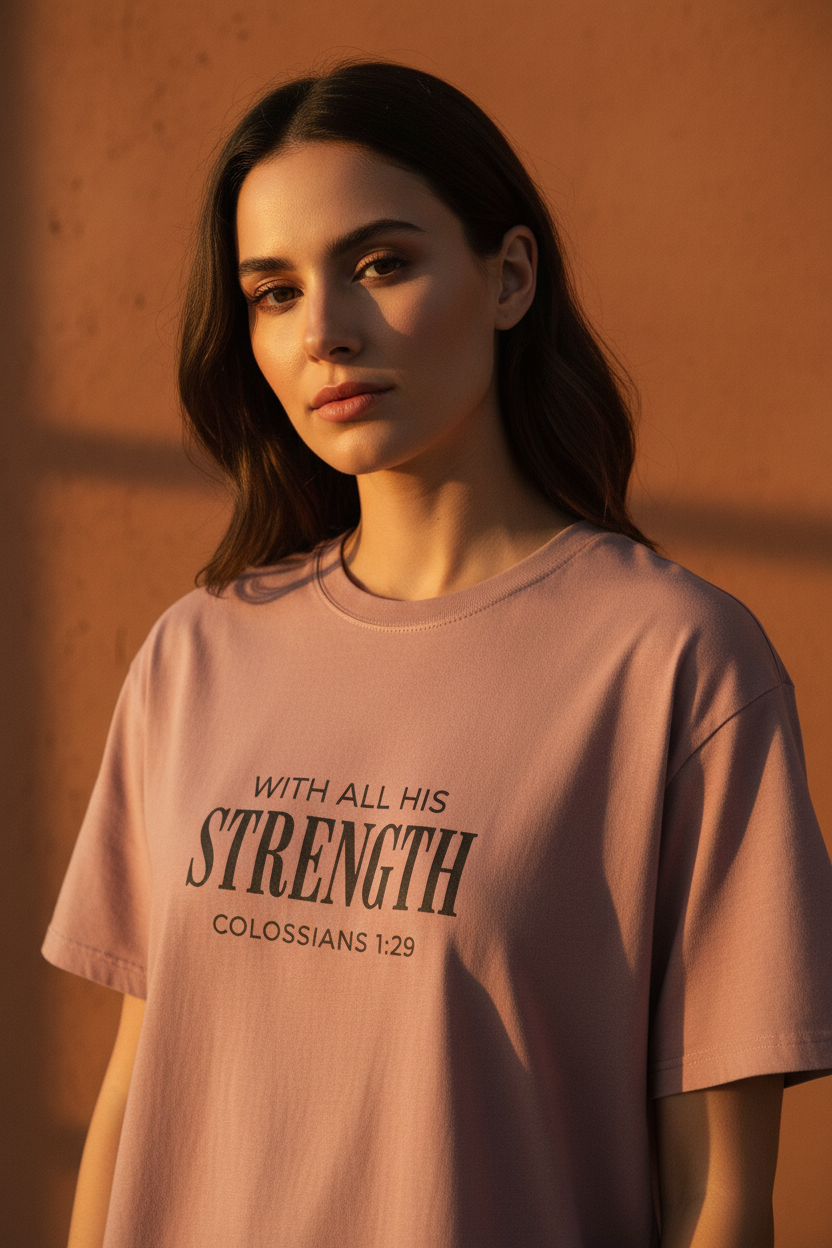 Female model wearing With All His Strength Faded T-Shirt in Faded Rose — editorial style front view, Colossians 1:29 design, garment-dyed Christian tee by 4HG
