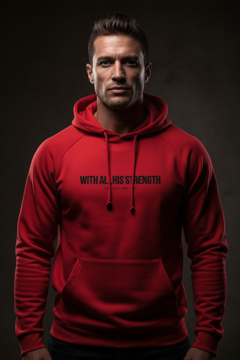 Male model wearing With All His Strength Hoodie in True Red — editorial style front view, Colossians 1:29 design, premium Christian fleece pullover by 4HG