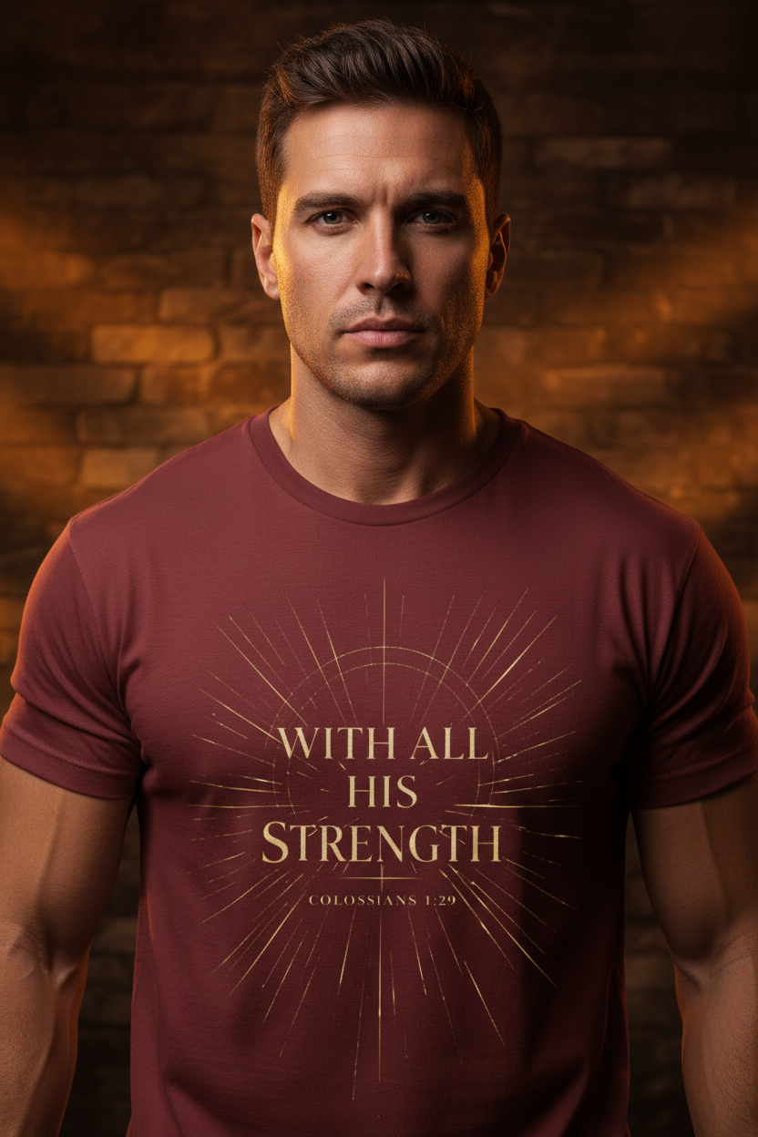 With All His Strength men's maroon heavy tee – editorial front view, faith-based apparel by 4HG