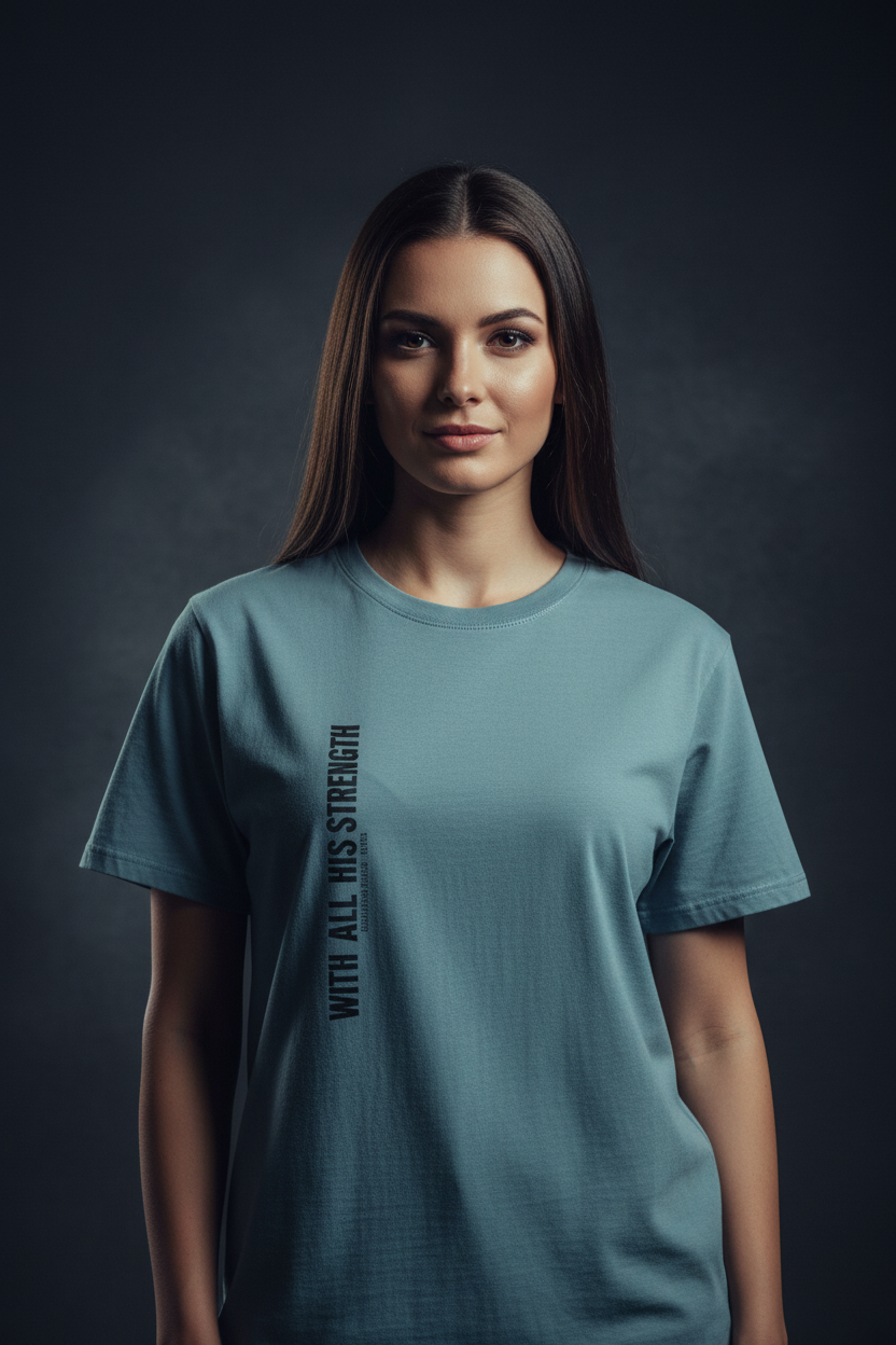 Female model wearing With All His Strength Faded T-Shirt in Faded Slate — editorial style front view, Colossians 1:29 design, garment-dyed Christian tee by 4HG