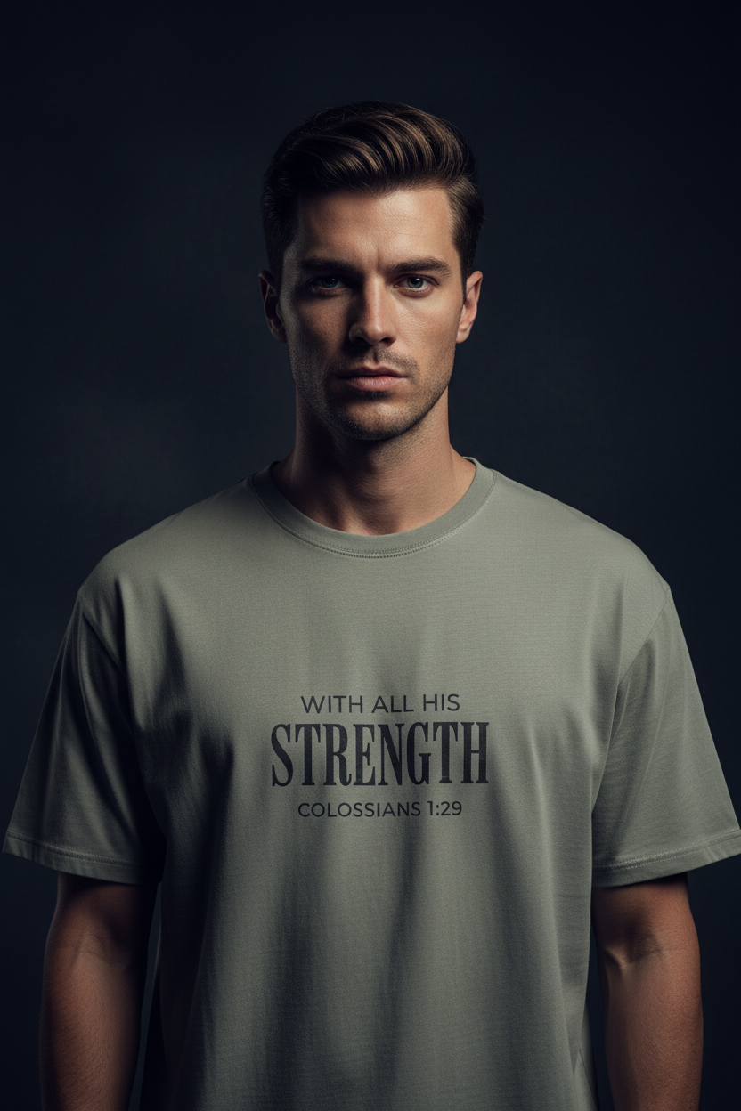 Male model wearing With All His Strength Faded T-Shirt in Faded Blue — editorial style front view, Colossians 1:29 design, garment-dyed Christian tee by 4HG