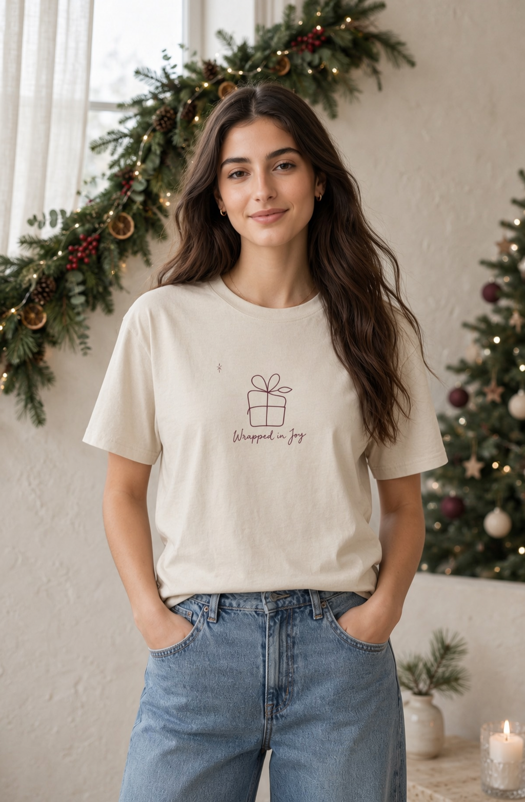 A woman wearing a cream-colored t-shirt with a 'Wrapped in Joy' gift box graphic, paired with blue jeans, standing in a cozy, holiday-decorated room.