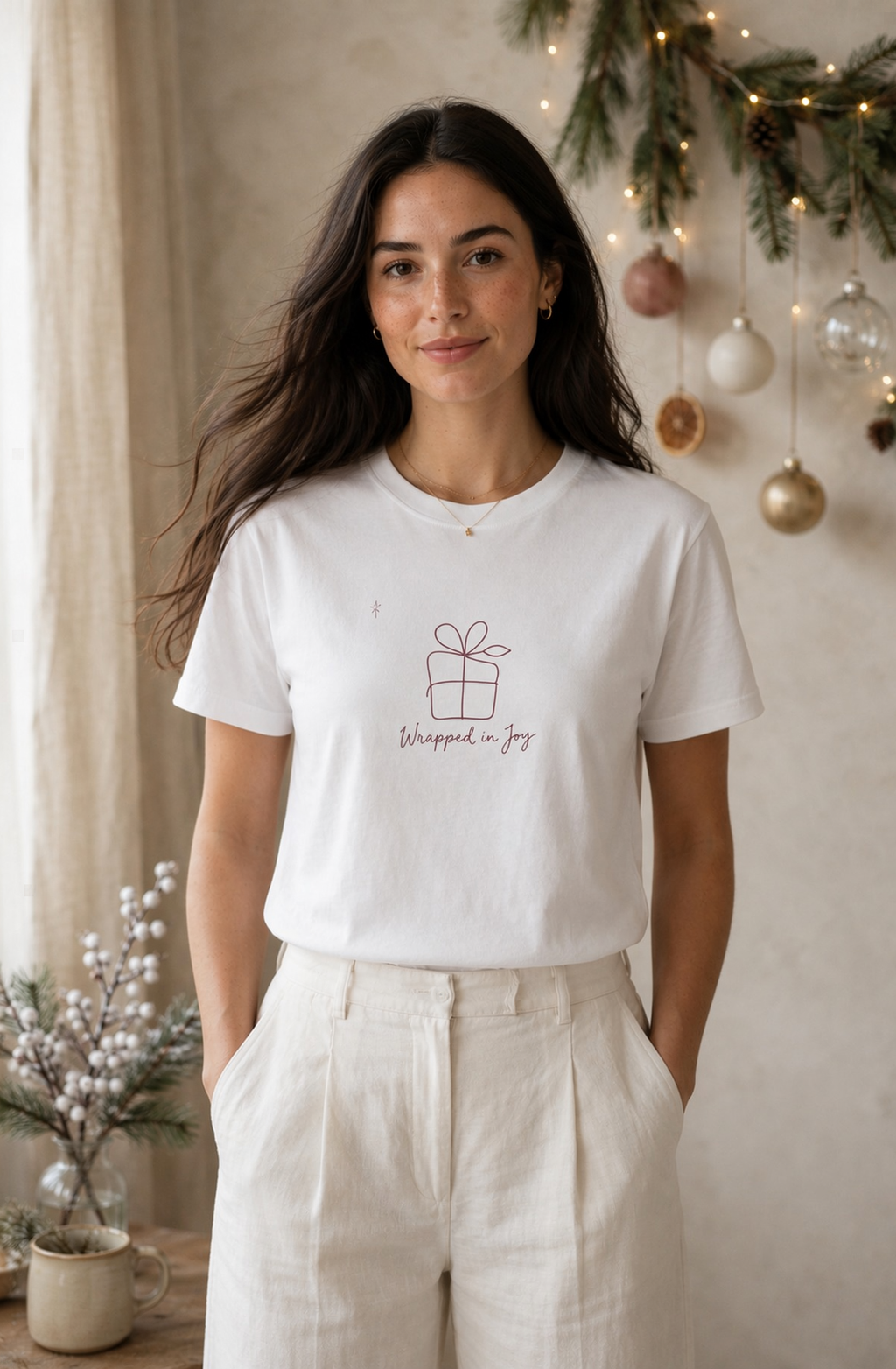 A woman wearing a white crewneck t-shirt with a minimalist gift box graphic and the text 'Wrapped in Joy' in red, paired with cream-colored linen trousers, standing in a cozy, decorated indoor setting.