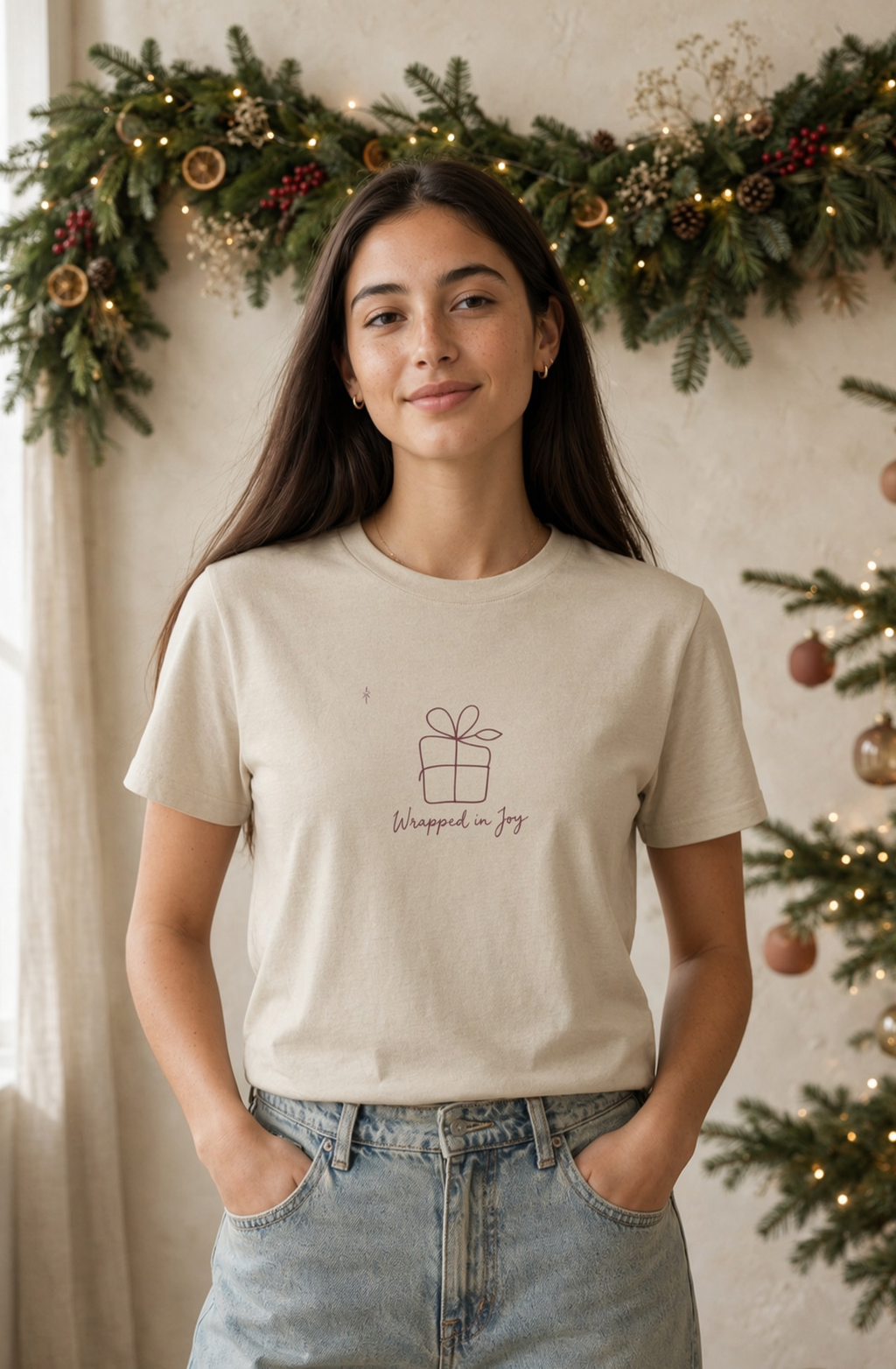 A woman wearing a light beige crewneck t-shirt with a simple line-art gift box graphic and the text 'Wrapped in Joy' on the front, paired with light-wash blue jeans. She is standing indoors in front of a festive holiday garland and a decorated Christmas tree.
