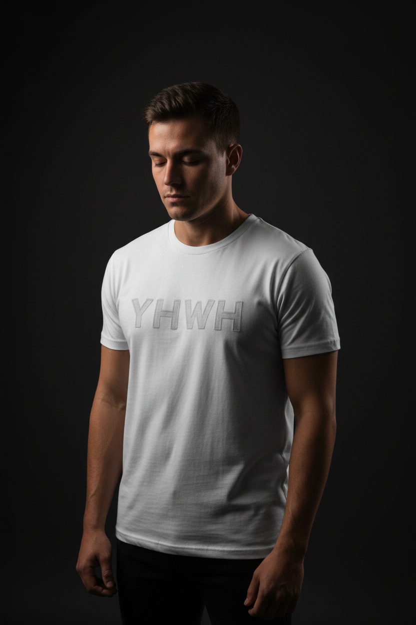 Male model wearing YHWH Tee in White — editorial style front view, sacred name of God Exodus 3:14 design, Christian apparel by 4HG