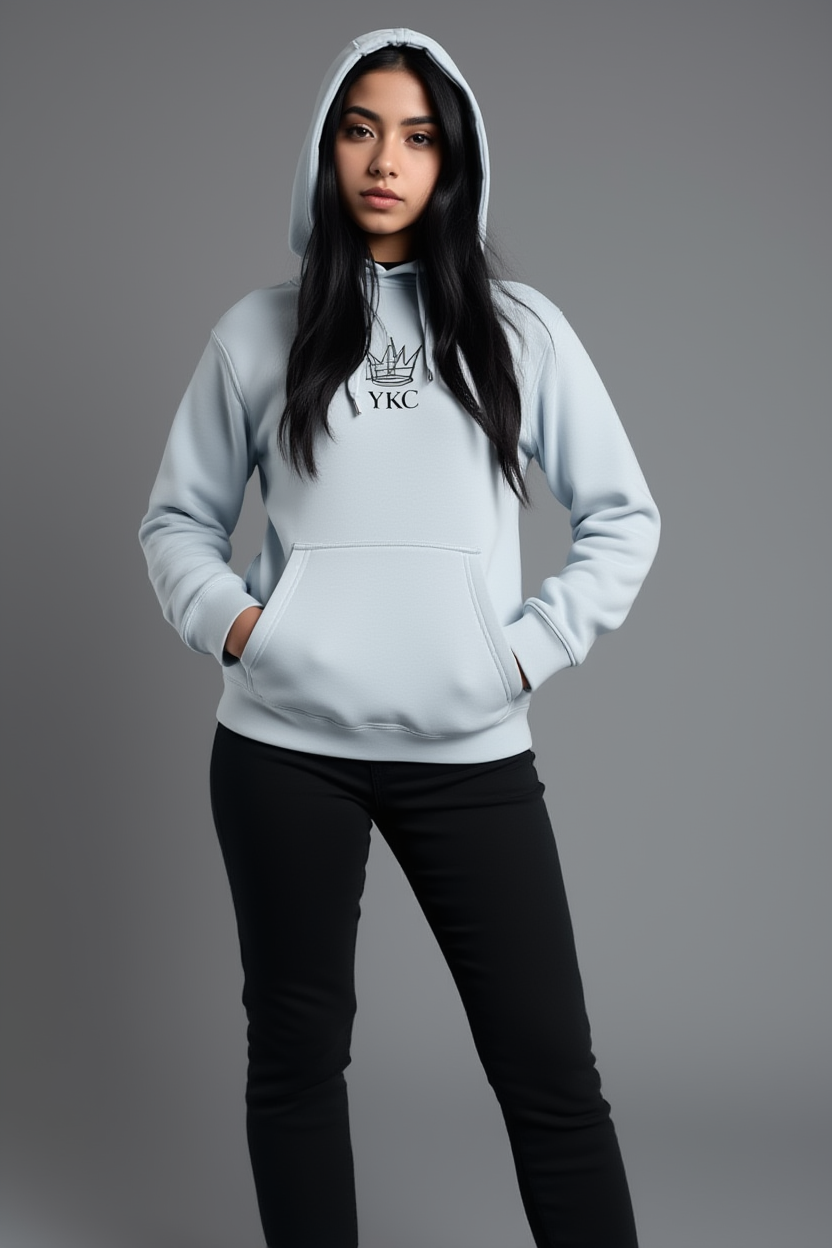 Person wearing a light blue hoodie with a logo on a gray background
